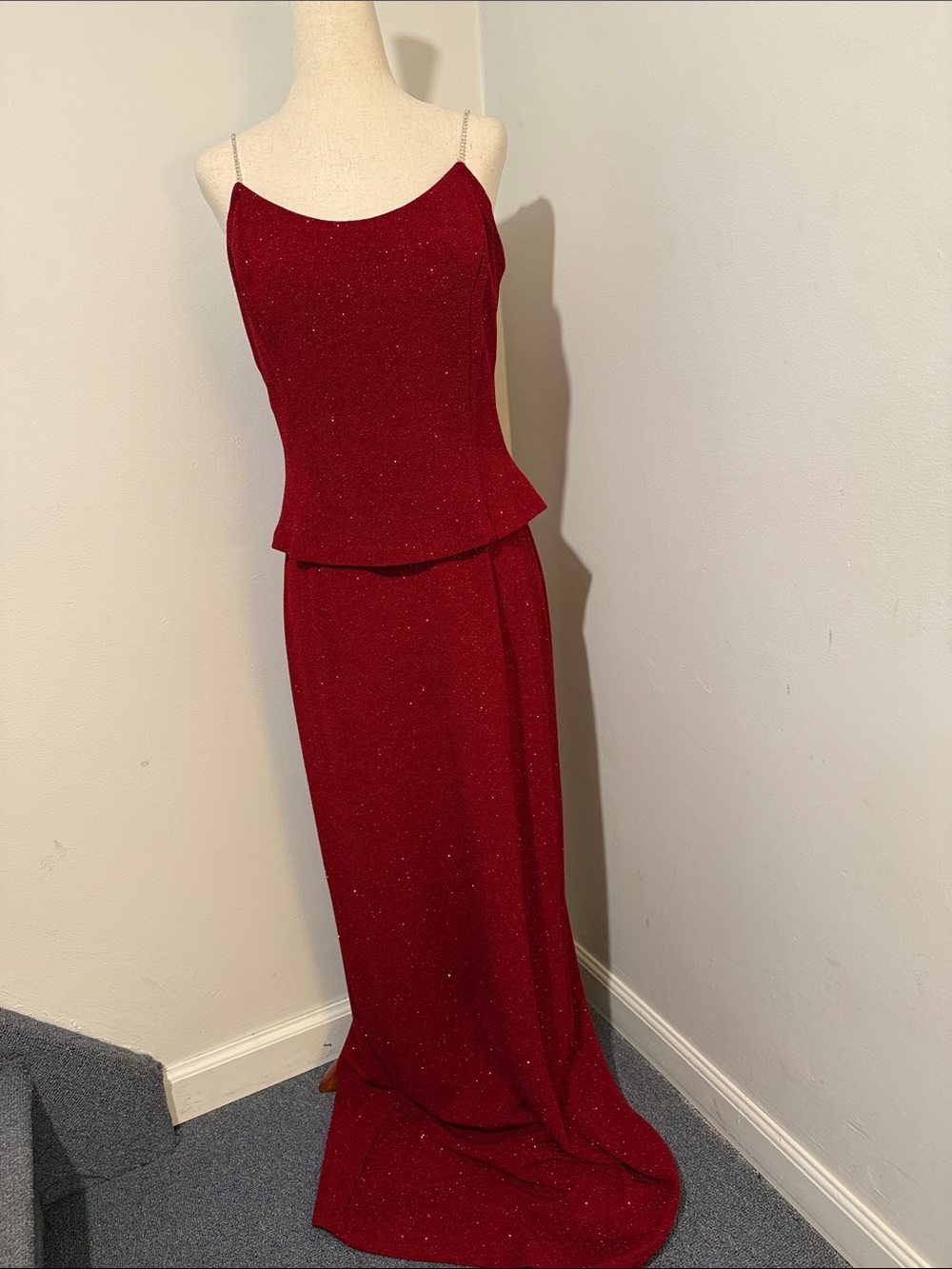 Betsy & Adam Garnet Red Sparkle Maxi Dress with Chain Straps